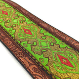 Handmade Vegan Psychedelic Jacquard Retro 70's Style Guitar Strap by VTAR, Made with Vegan Leather. For Acoustic, Bass and Electric (Green Psychedelic) - 1to1 Music